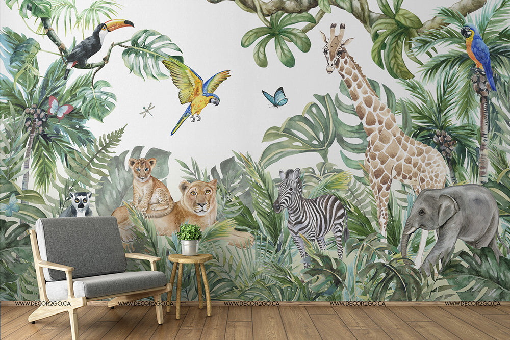 Kids Room - A cozy room corner with a stylish chair and side table against a vibrant kids room mural of jungle animals, including a giraffe, zebra, elephant, and exotic birds among lush greenery featuring the Wild Animals and the Jungle Watercolor Mural Wallpaper from Decor2Go Wallpaper Mural.
