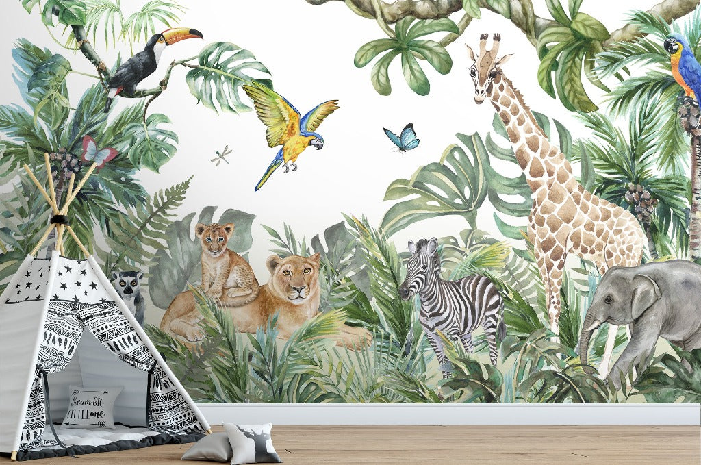 A vibrant wall mural depicting a jungle scene with various animals including a toucan, parrot, giraffe, lion, zebra, and elephant among lush, green tropical foliage, suitable as Wild Animals and the Jungle Watercolor Mural Wallpaper from Decor2Go Wallpaper Mural.