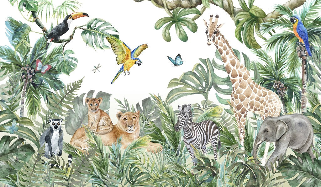 A vibrant jungle scene with a variety of animals including a giraffe, elephant, zebra, lions, lemurs, and birds like toucans and parrots, surrounded by lush green foliage and Wild Animals and the Jungle Watercolor Mural Wallpaper by Decor2Go Wallpaper Mural.
