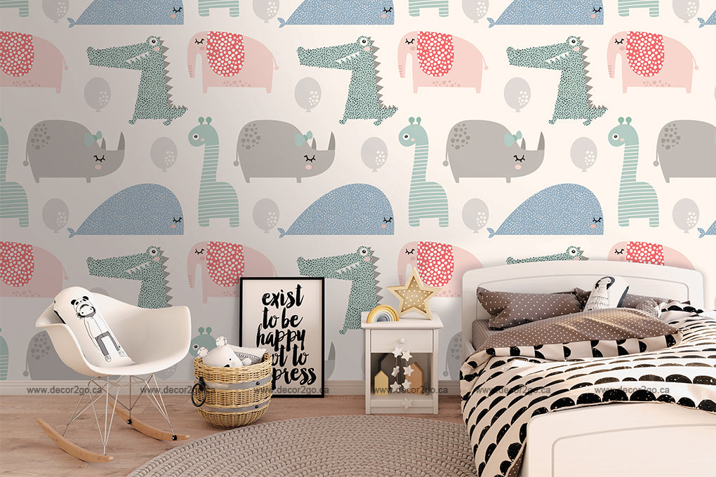 A children's bedroom with whimsical Wild Cute Animals Wallpaper Mural from Decor2Go Wallpaper Mural featuring bears, whales, and birds. The room includes a modern chair, a bed with striped bedding, and playful decorative items.