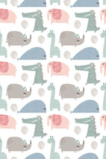 Colorful children's wallpaper featuring a variety of whimsical dinosaurs in different poses and textures on a light background - Decor2Go Wallpaper Mural's Wild Cute Animals Wallpaper Mural.
