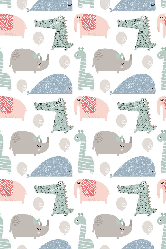 Colorful children's wallpaper featuring a variety of whimsical dinosaurs in different poses and textures on a light background - Decor2Go Wallpaper Mural's Wild Cute Animals Wallpaper Mural.