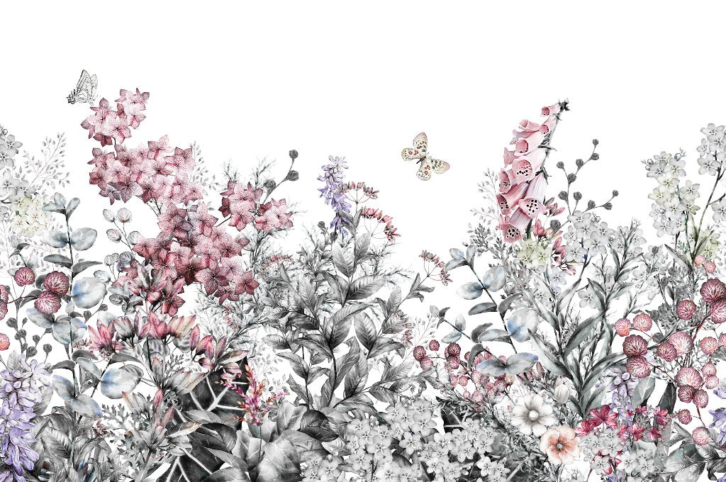 Intricate Wild Flower Wallpaper Mural from Decor2Go Wallpaper Mural featuring an array of plants and butterflies in a color gradient from black and white to pink and purple, set against a white background.