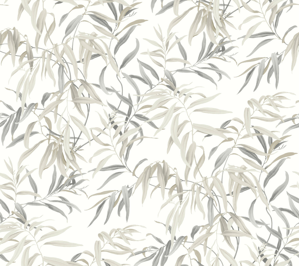 A seamless pattern featuring delicate leaves in muted tones of gray and beige, set against a white background. The foliage has a hand-painted appearance, creating a calm and natural aesthetic reminiscent of Willow Grove Clay Wallpaper Beige(60 Sq.Ft.) by York Wallcoverings, rendered on a high-performance substrate.