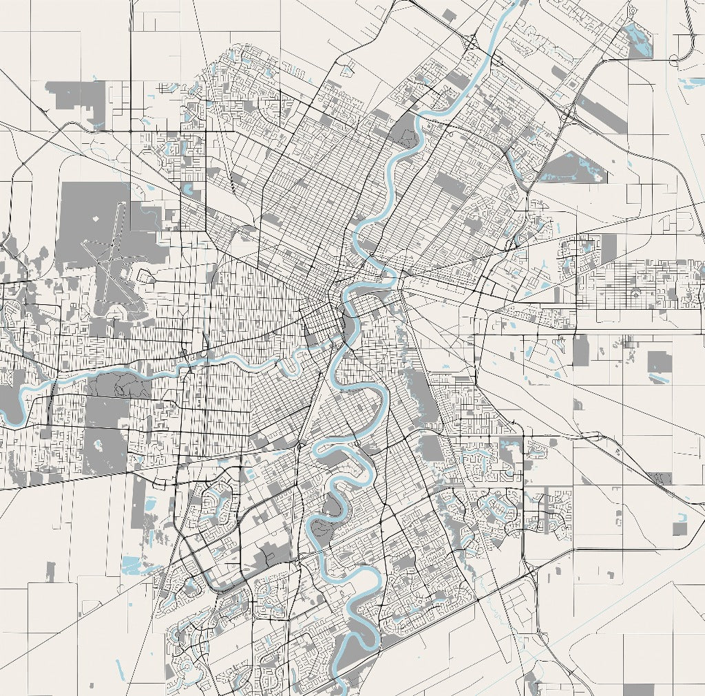 Detailed grayscale map featuring the Decor2Go Winnipeg Blueprint Wallpaper Mural, showing a city cut through by a winding river, with dense street grids and labeled land areas, indicating urban and natural geographic features.