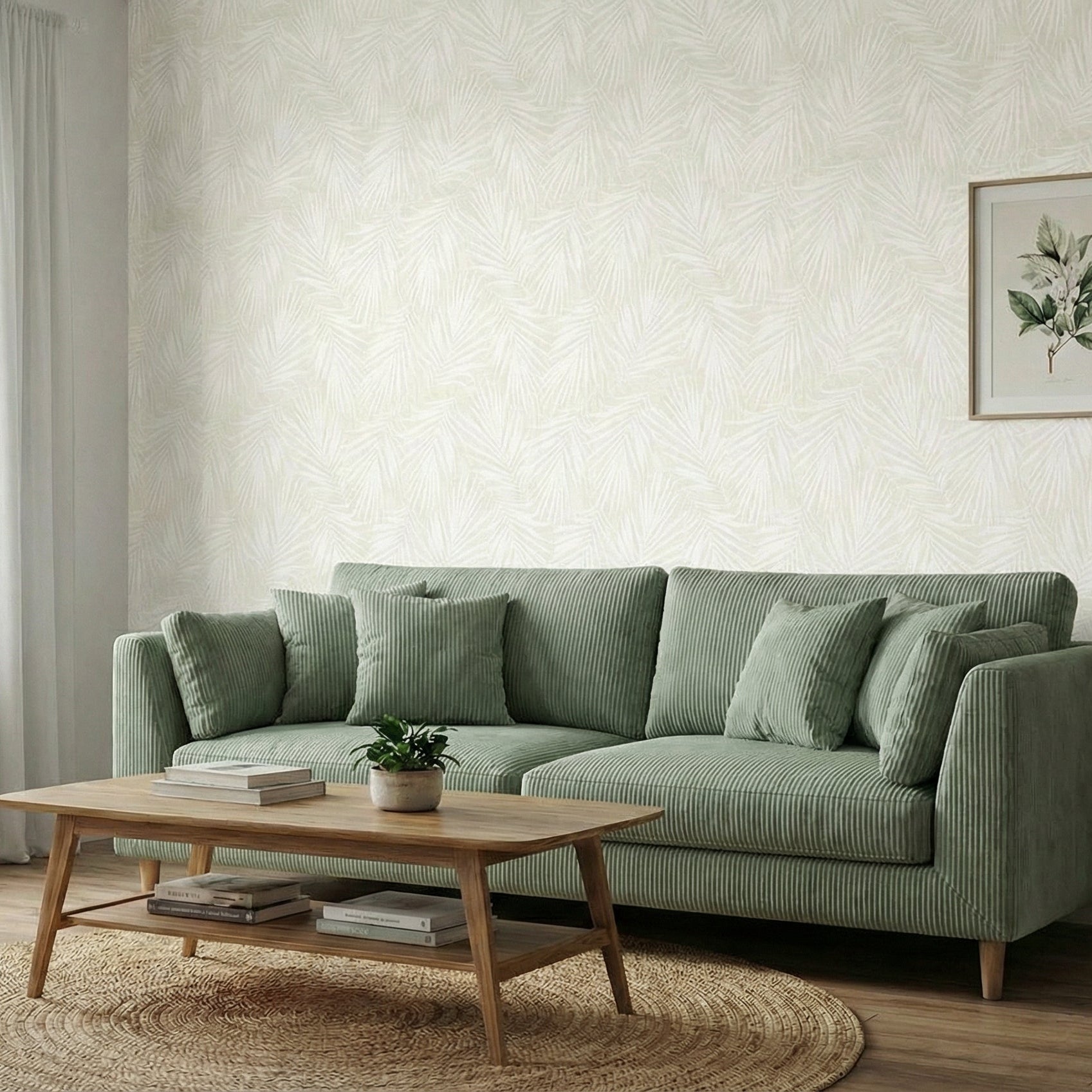 Living Room - Green sofa in a living room with a wooden coffee table and decorative elements.