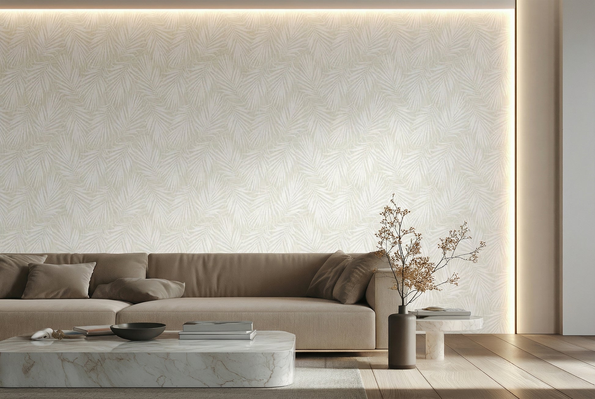 Living Room - Modern living room with a beige sofa, marble coffee table, and decorative plant.