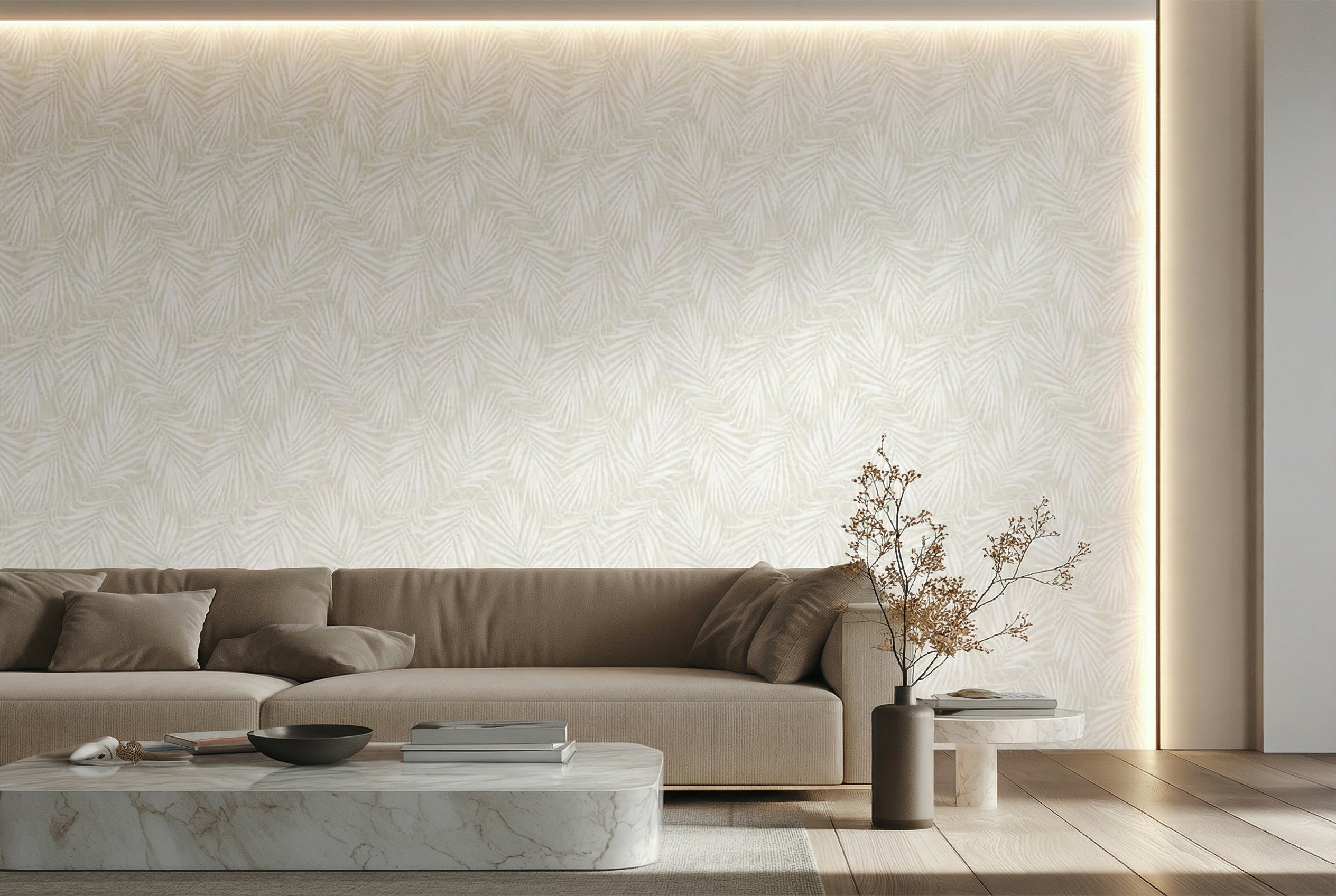 Living Room - Modern living room with a beige sofa, marble coffee table, and decorative plant.