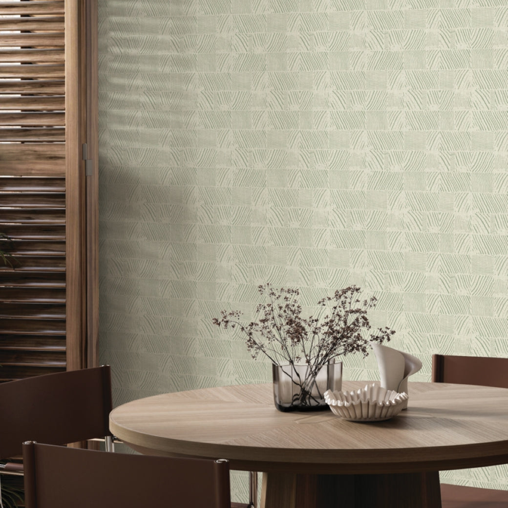 Woodcut Green & Stone Wallpaper (60 SqFt)