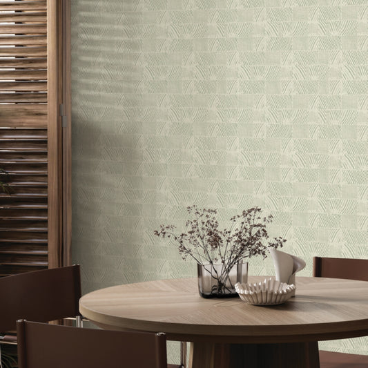 Woodcut Green & Stone Wallpaper (60 SqFt)