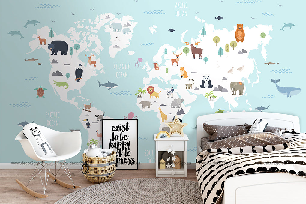Bedroom - A children's bedroom features a Decor2Go Wallpaper Mural World Map with Wild Animals Blue Wallpaper Mural with animals representing different regions. The space includes a bed with polka-dot bedding, a white nightstand, a modern white chair, and framed quotes. Toy decor and a cozy ambiance complete the playful look.