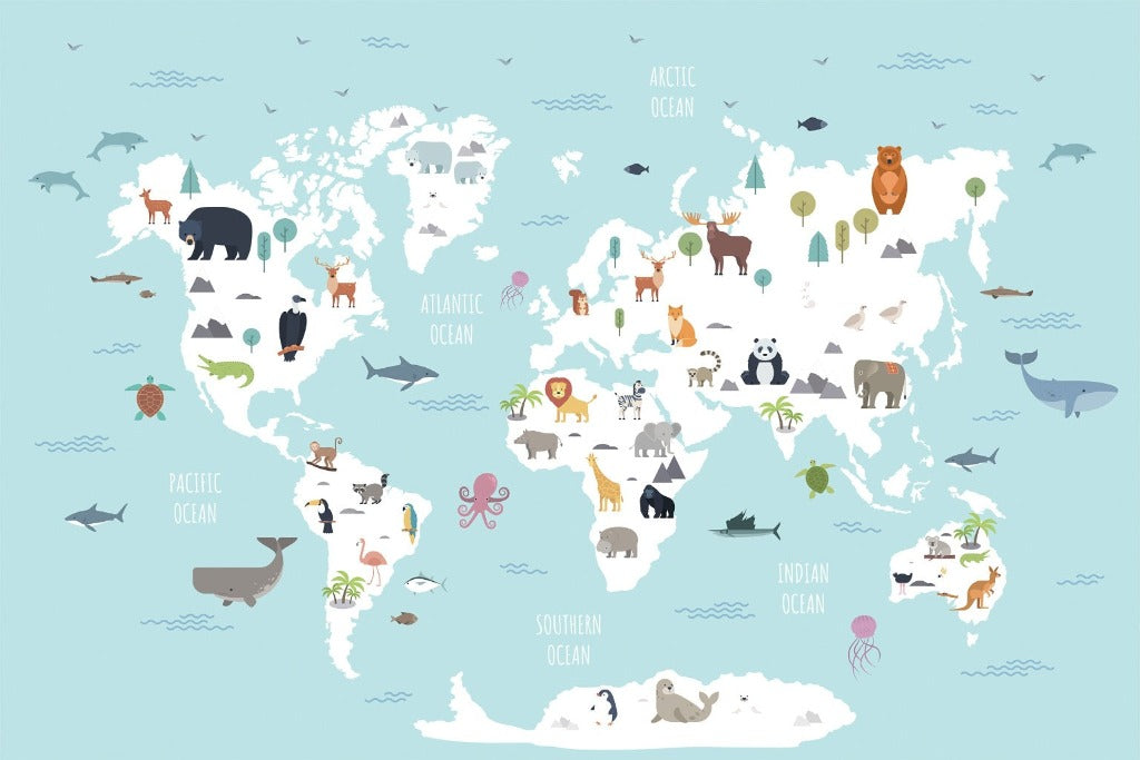 Illustrated world map with various animals positioned on the continents they inhabit, alongside labels of five oceans. This design is playful and colorful, making it suitable as educational Decor2Go Wallpaper Mural for children's room decor.