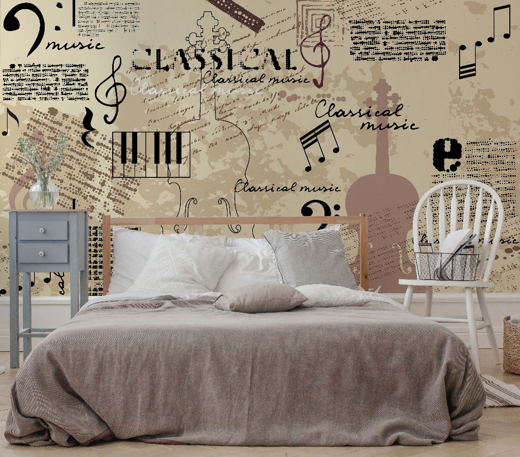Bedroom - A cozy bedroom featuring a neatly made bed with a grey blanket and white pillows, a wooden chair beside it, and walls adorned with notes and chords as well as classical music-themed designs, all highlighted by the Decor2Go Wallpaper Mural of the Yoyoma design.