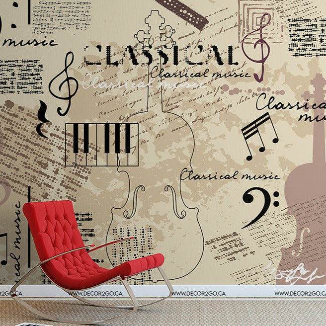 A Yoyoma Wallpaper Mural chair stands out against a beige wall filled with musical symbols, notes and chords, and "classical music" texts in varying fonts and orientations, creating an artistic and thematic background.