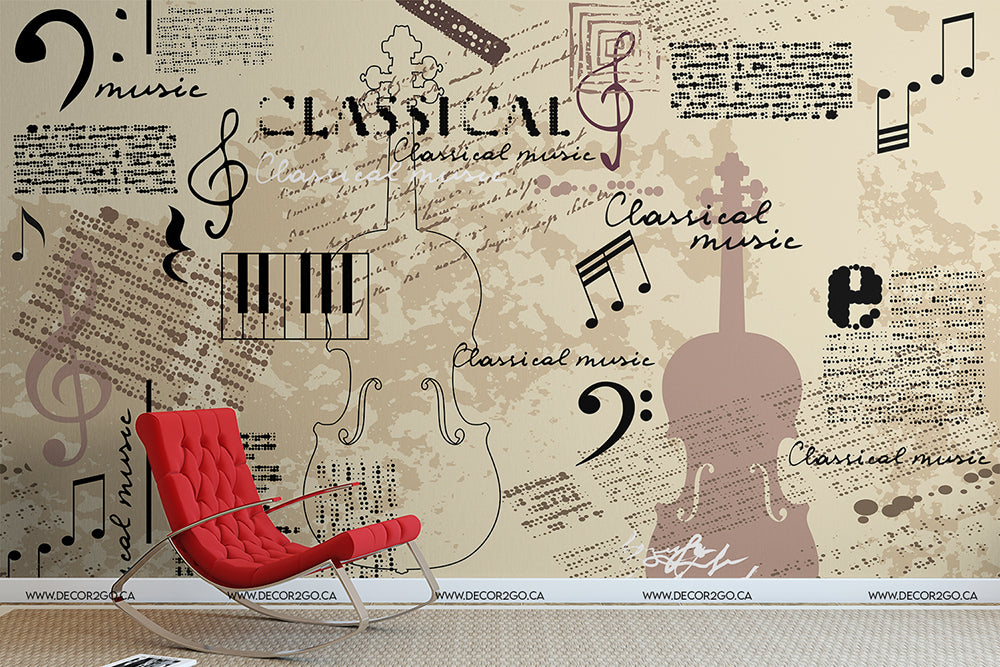 A Yoyoma Wallpaper Mural chair stands out against a beige wall filled with musical symbols, notes and chords, and "classical music" texts in varying fonts and orientations, creating an artistic and thematic background.