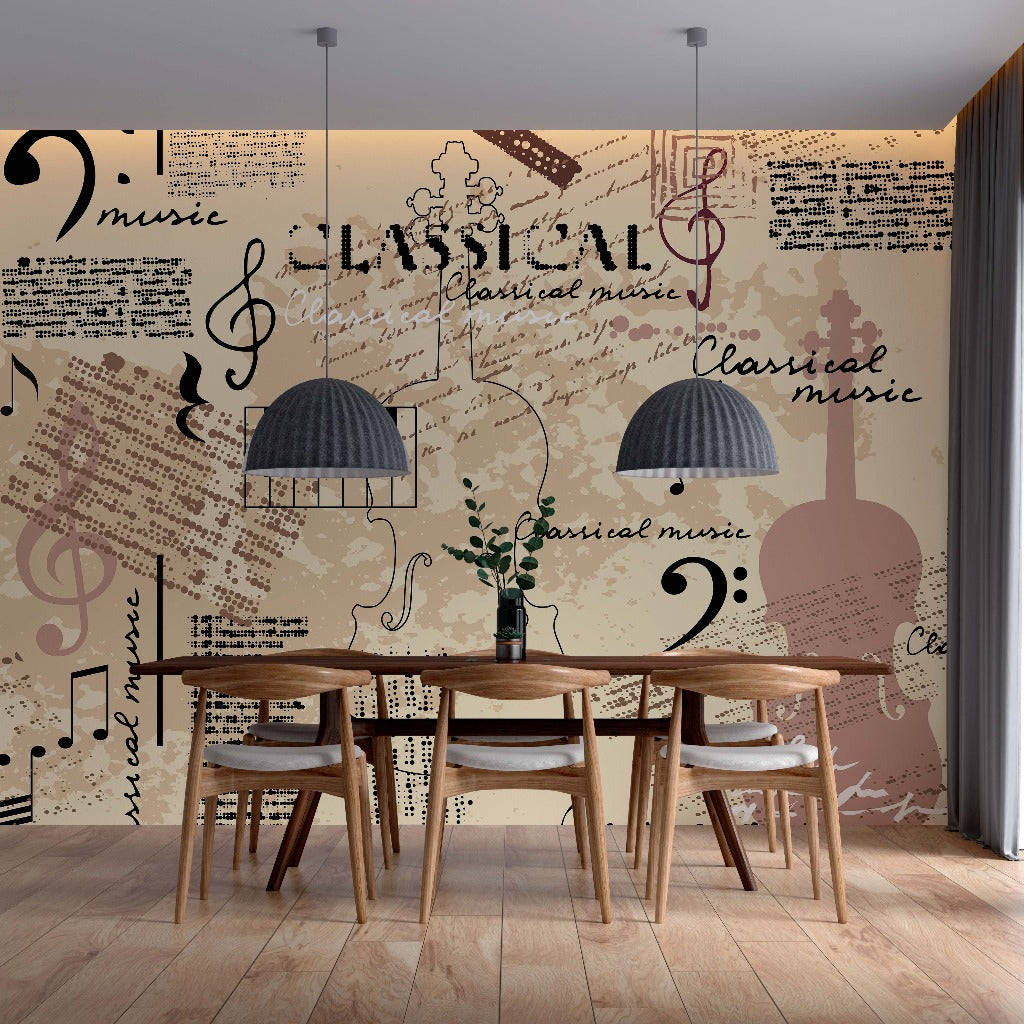 A modern dining area with a table and chairs against a wall decorated with a Decor2Go Wallpaper Mural featuring musical symbols and musical notes in various fonts, emphasizing an artistic theme.