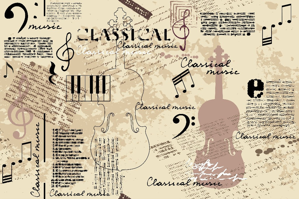 A vintage-inspired Yoyoma Wallpaper Mural featuring classical music elements such as violin and piano graphics, notes and chords, and the words "classical music" on a textured beige background by Decor2Go Wallpaper Mural.