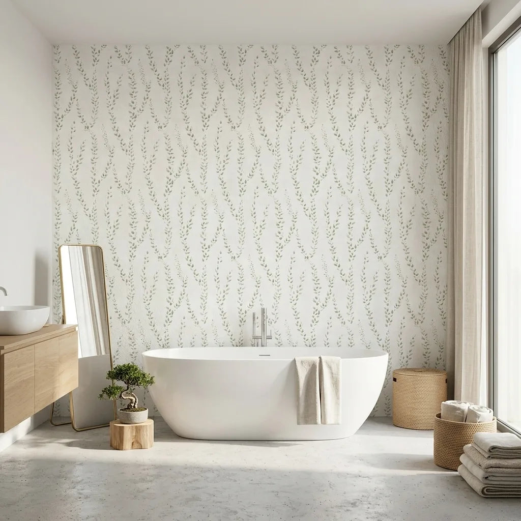 Bathroom - Green and white 'Alpenrose' wallpaper by York Wallcoverings creates a fresh, elegant look in this stylish bathroom.