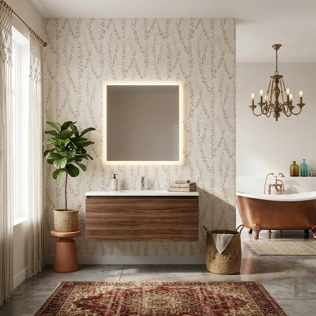 Bathroom - Beautiful bathroom showcasing 'Alpenrose' wallpaper in Pink and Cream by York Wallcoverings.