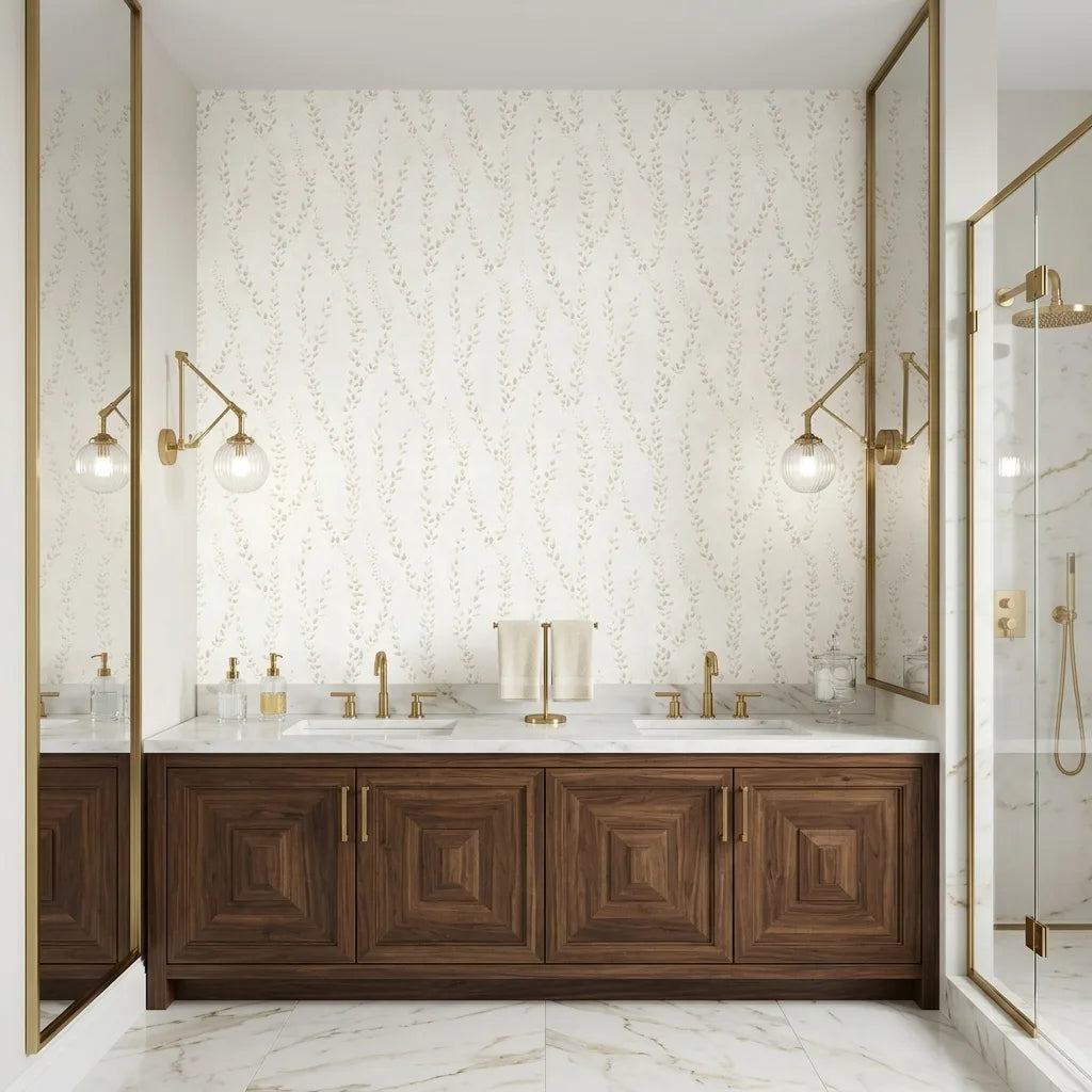 Bathroom - Alpenrose wallpaper in Beige, Cream by York Wallcoverings creates a warm and inviting space.