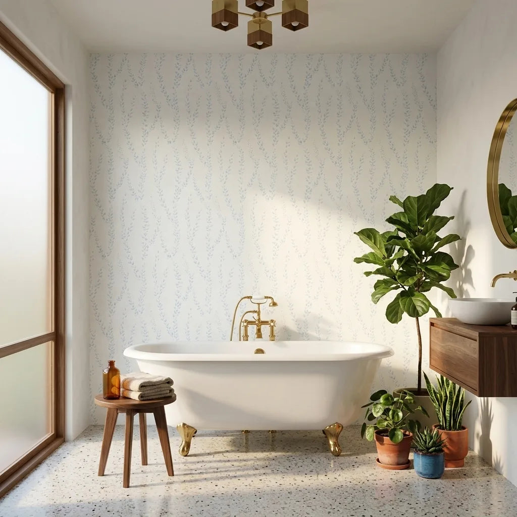 Bathroom - Alpenrose blue and white wallpaper by York Wallcoverings creates a fresh, elegant backdrop for this modern bathroom.