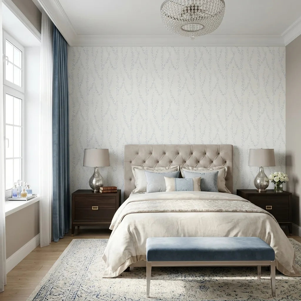 Bedroom - Alpenrose Blue White floral wallpaper by York Wallcoverings creates a serene and elegant space.