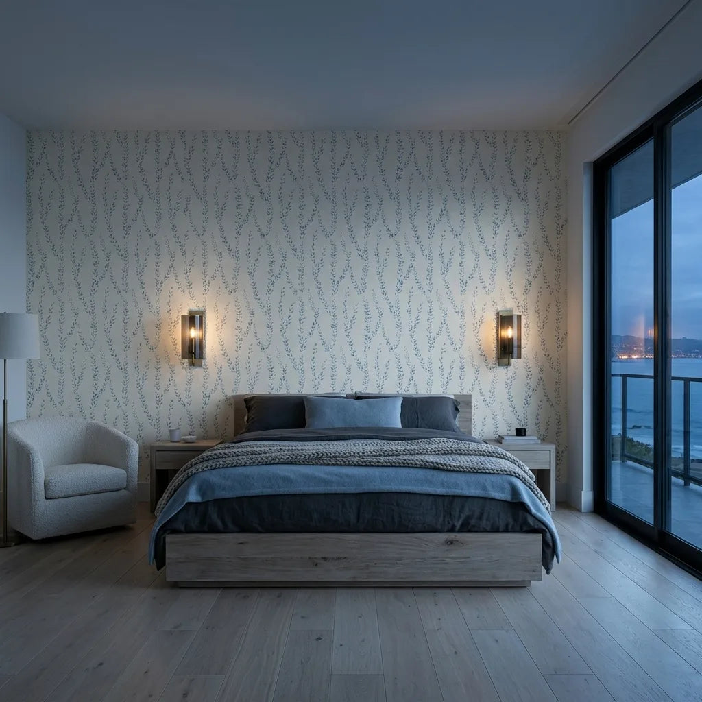 Bedroom - Elegant bedroom featuring Alpenrose wallpaper in Teal and White by York Wallcoverings, offering a tranquil and sophisticated design.