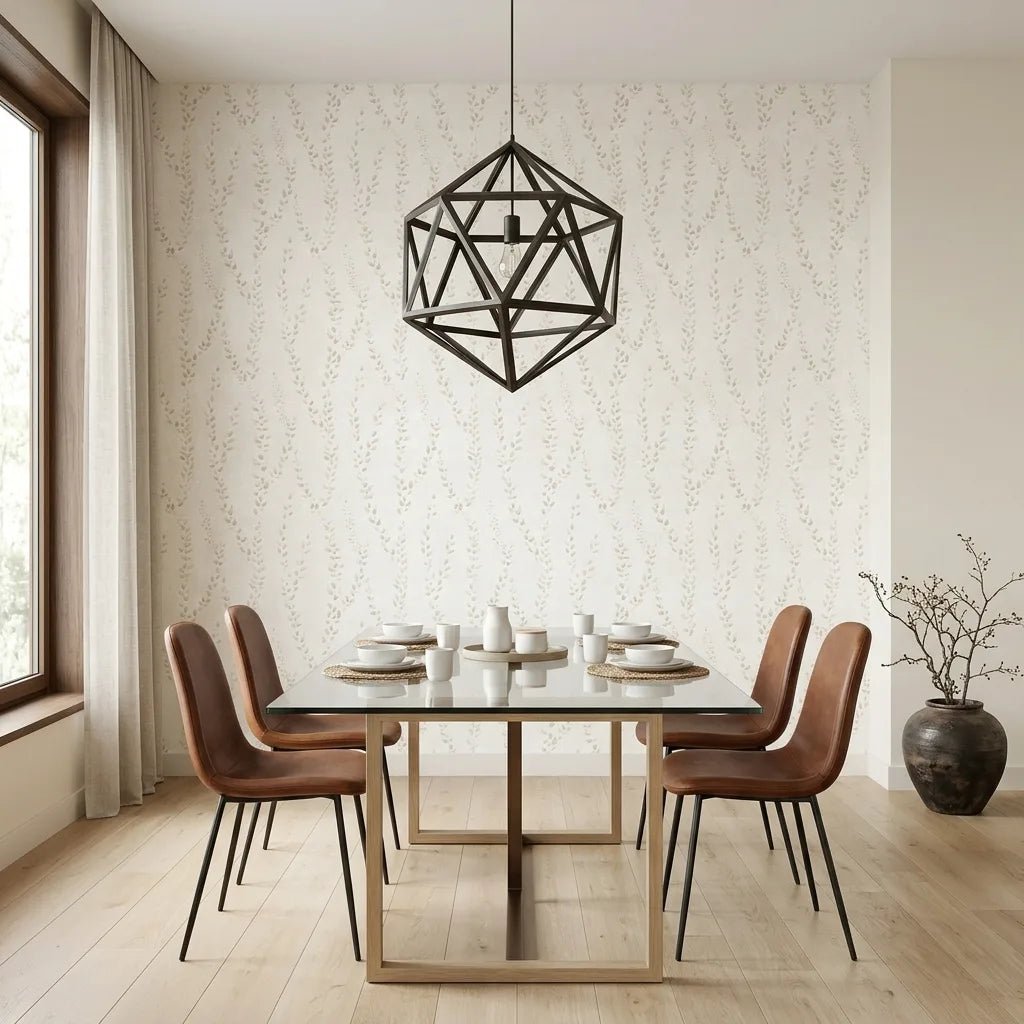 Dining Room - Elegant dining space featuring Alpenrose beige & cream floral wallpaper by York Wallcoverings for a sophisticated look.