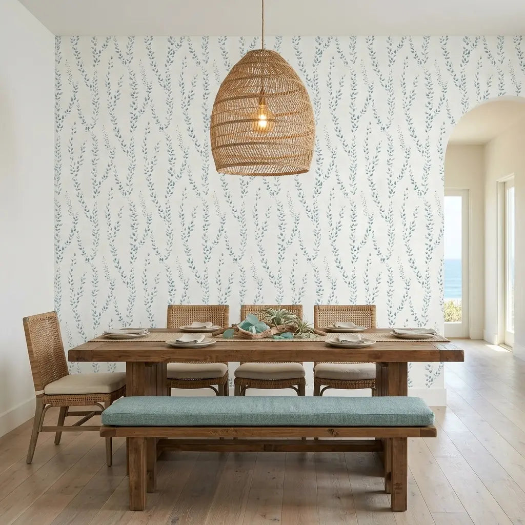 Dining Room - Features Alpenrose teal & white floral wallpaper by York Wallcoverings, creating a stylish and inviting space.