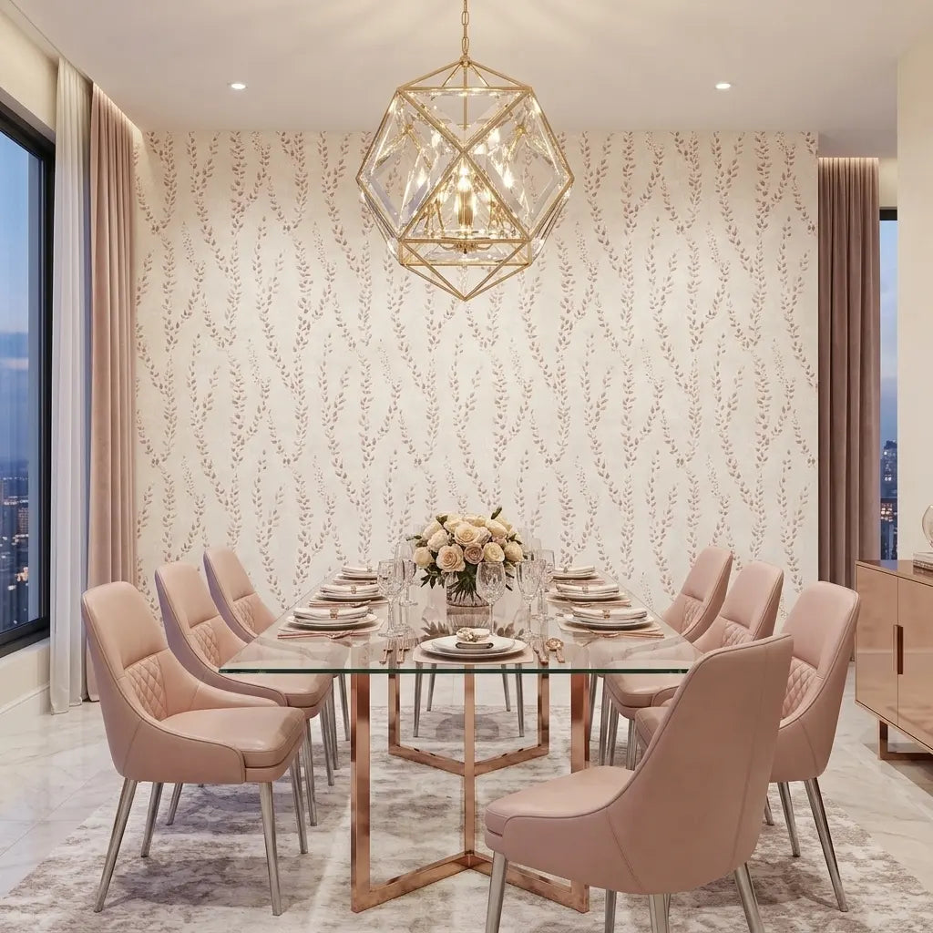 Dining Room - Elegant dining space featuring 'Alpenrose' wallpaper in Pink and Cream by York Wallcoverings, creating a charming ambiance.