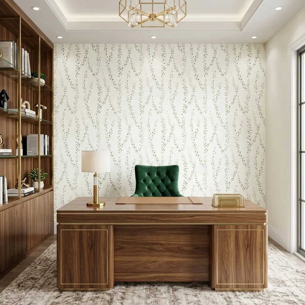 Home Office - Green & White Alpenrose wallpaper by York Wallcoverings defines this elegant home office space.