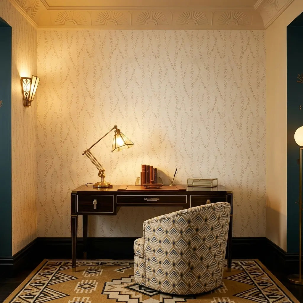 Home Office - Elegant home office with 'Alpenrose' wallpaper in Beige, Cream by York Wallcoverings, creating a serene and stylish workspace.