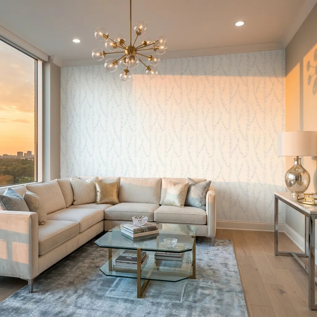 Living Room - Elegant living room showcasing 'Alpenrose' wallpaper in Blue and White by York Wallcoverings.