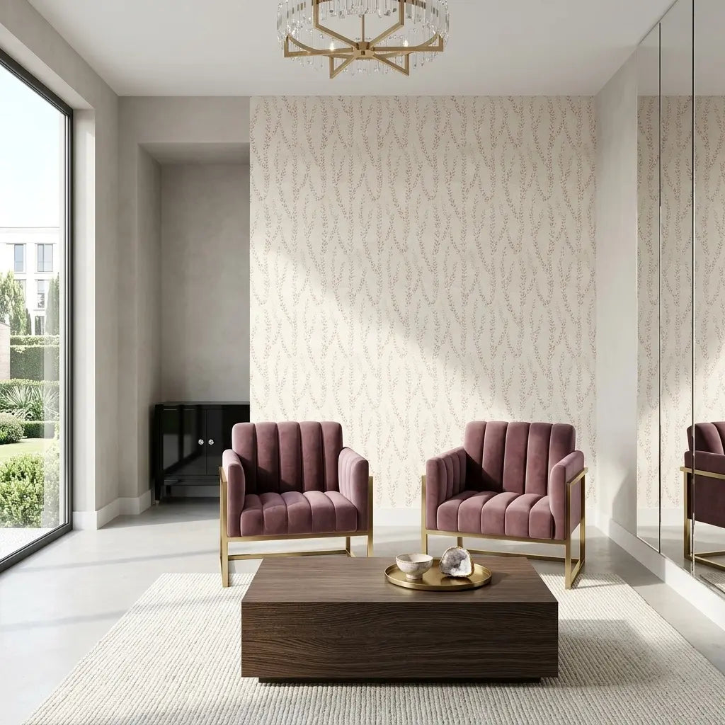 Living Room - York Wallcoverings' 'Alpenrose' wallpaper in Pink, Cream adds elegance to this beautiful living room.
