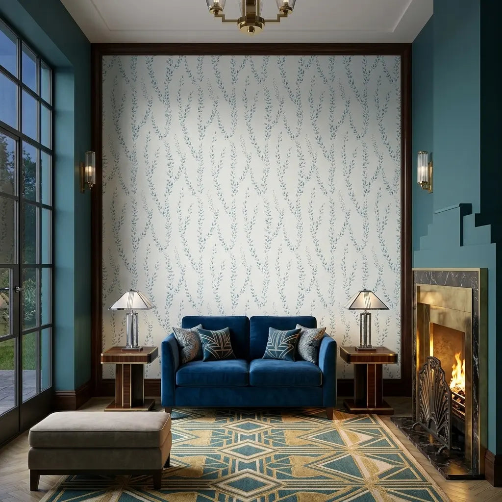 Living Room - Elegant space featuring Alpenrose wallpaper in Teal, White by York Wallcoverings, enhancing a modern and serene aesthetic.