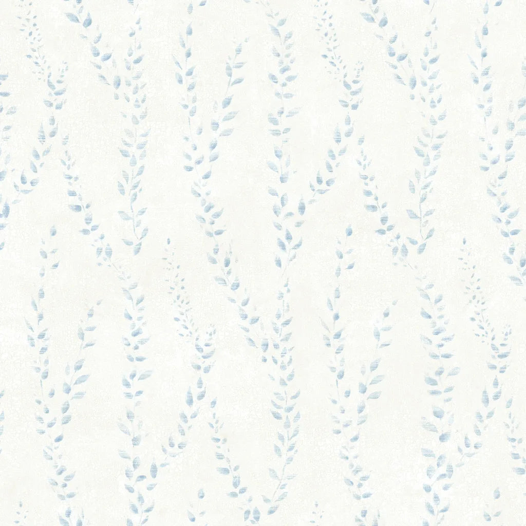 Alpenrose blue and white floral wallpaper pattern swatch by York Wallcoverings.
