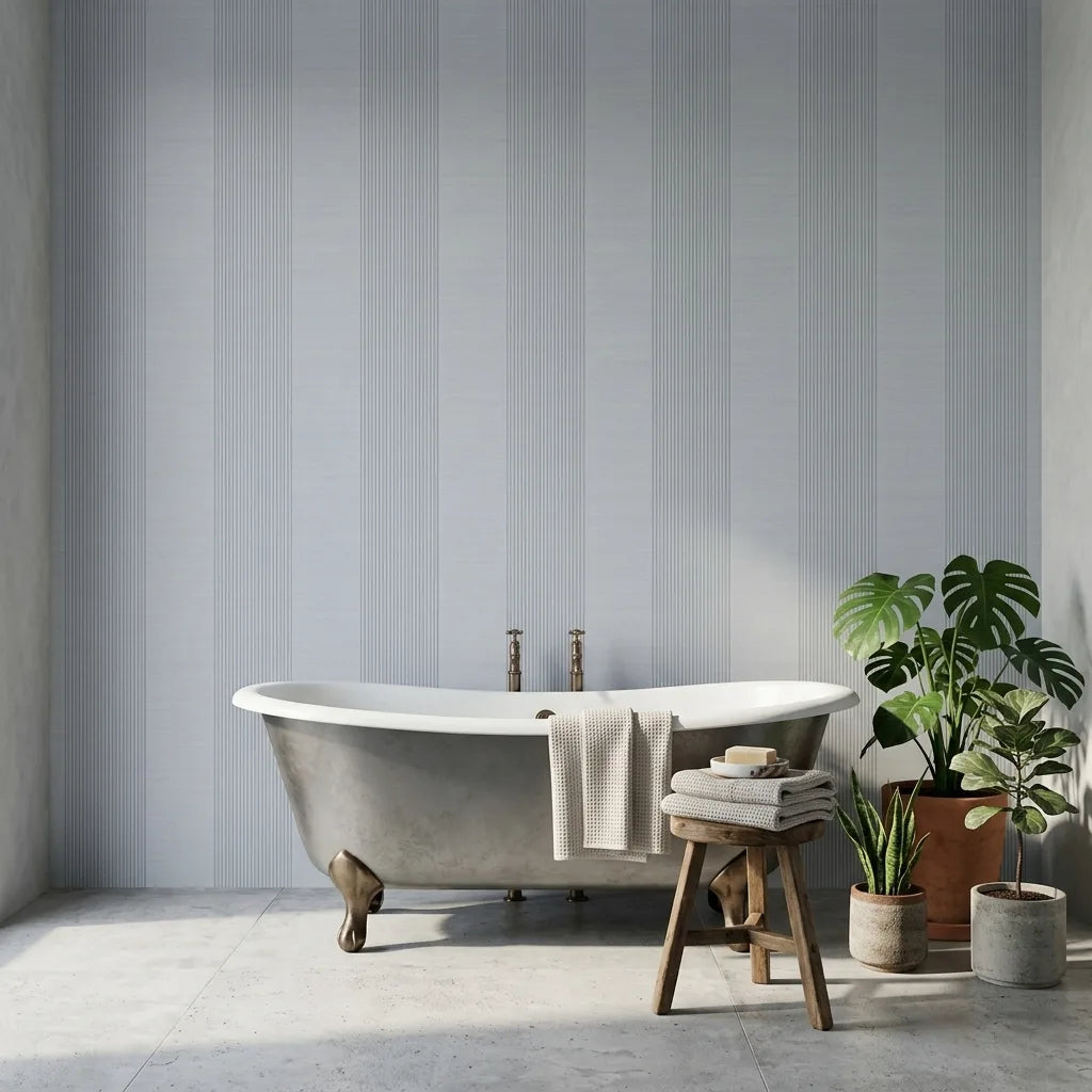 Bathroom - Features Archer Stripe wallpaper in Light Blue-Grey by York Wallcoverings, creating a serene and stylish space.