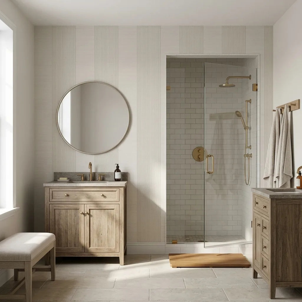 Bathroom - Elegant space featuring 'Archer Stripe' wallpaper in Ivory and Greige by York Wallcoverings, creating a serene and stylish look.