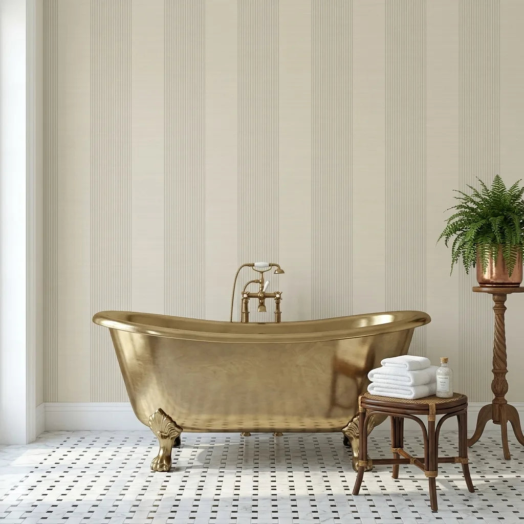 Bathroom - Elegant bathroom featuring 'Archer Stripe' wallpaper in Warm Ivory and Grey by York Wallcoverings.