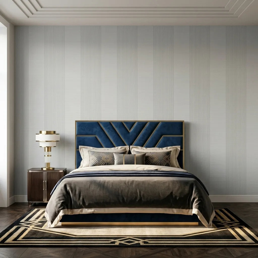 Bedroom - Archer Stripe wallpaper in Light Grey by York Wallcoverings adds modern elegance to this peaceful bedroom design.
