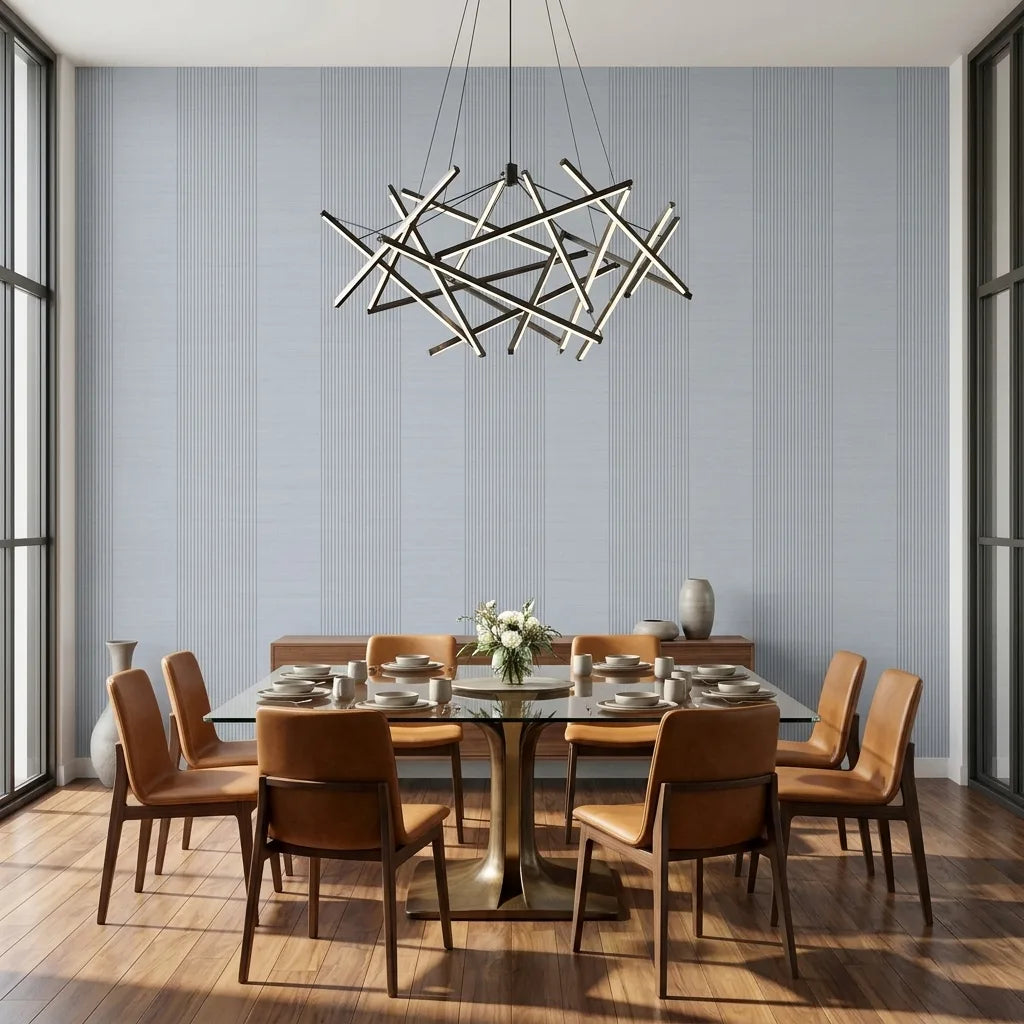 Dining Room - Light blue-grey Archer Stripe wallpaper by York Wallcoverings creates a serene and stylish dining space.