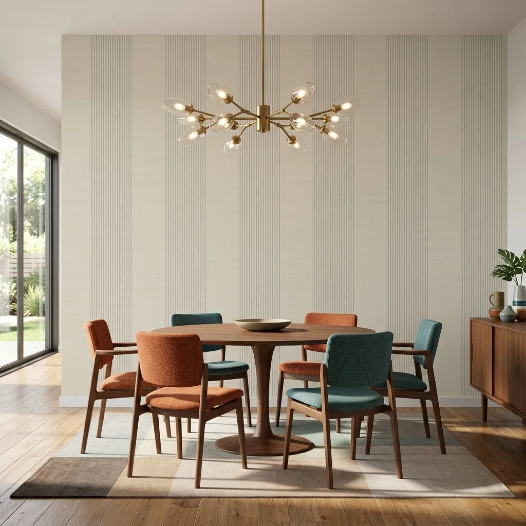 Dining Room - Elegant interior design featuring York Wallcoverings 'Archer Stripe' wallpaper in Warm Ivory and Grey.