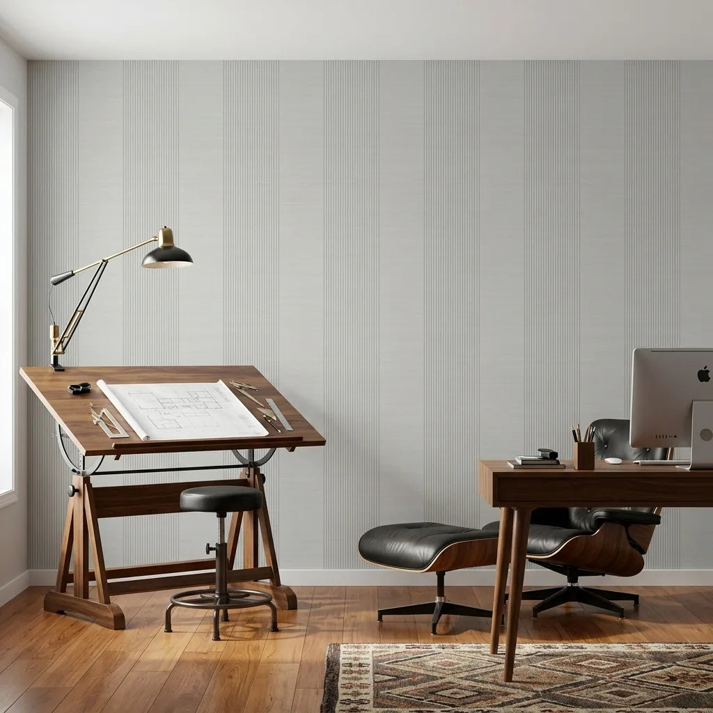 Home Office - Elegant design featuring York Wallcoverings' Archer Stripe wallpaper in Light Grey.