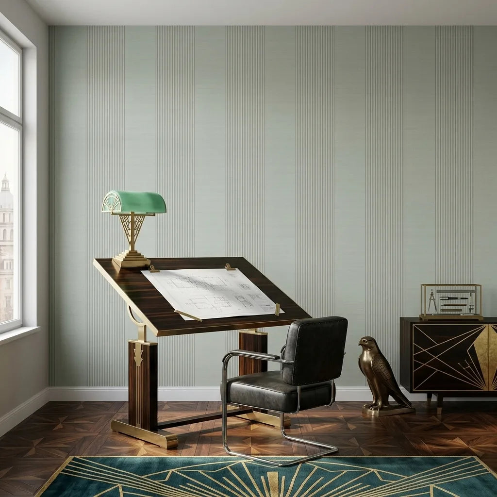Home Office - Features elegant Archer Stripe wallpaper in Sage Green by York Wallcoverings, creating a serene workspace.
