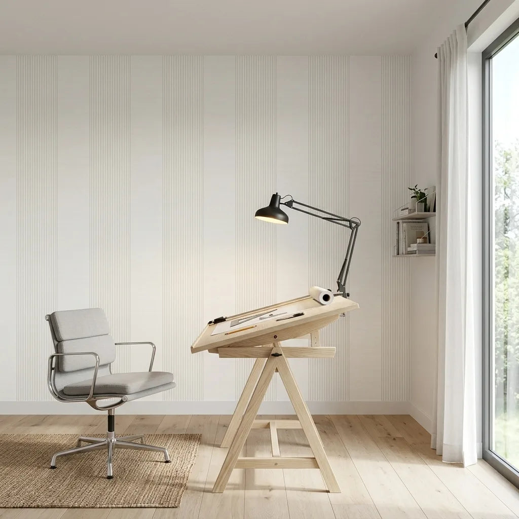 Home Office - Serene workspace with Archer Stripe wallpaper in Off-white and Beige by York Wallcoverings.