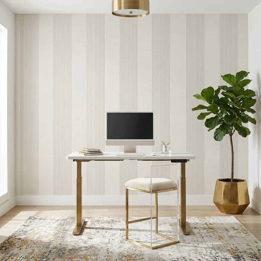 Home Office - Features elegant 'Archer Stripe' wallpaper in Ivory and Greige by York Wallcoverings, creating a stylish and productive workspace.