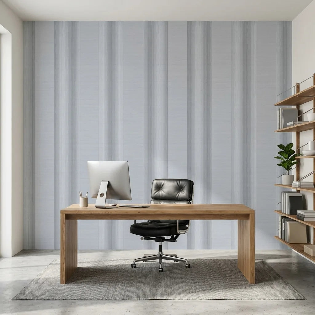 Home Office - Archer Stripe wallpaper in Light Blue-Grey from York Wallcoverings creates a serene and productive workspace.
