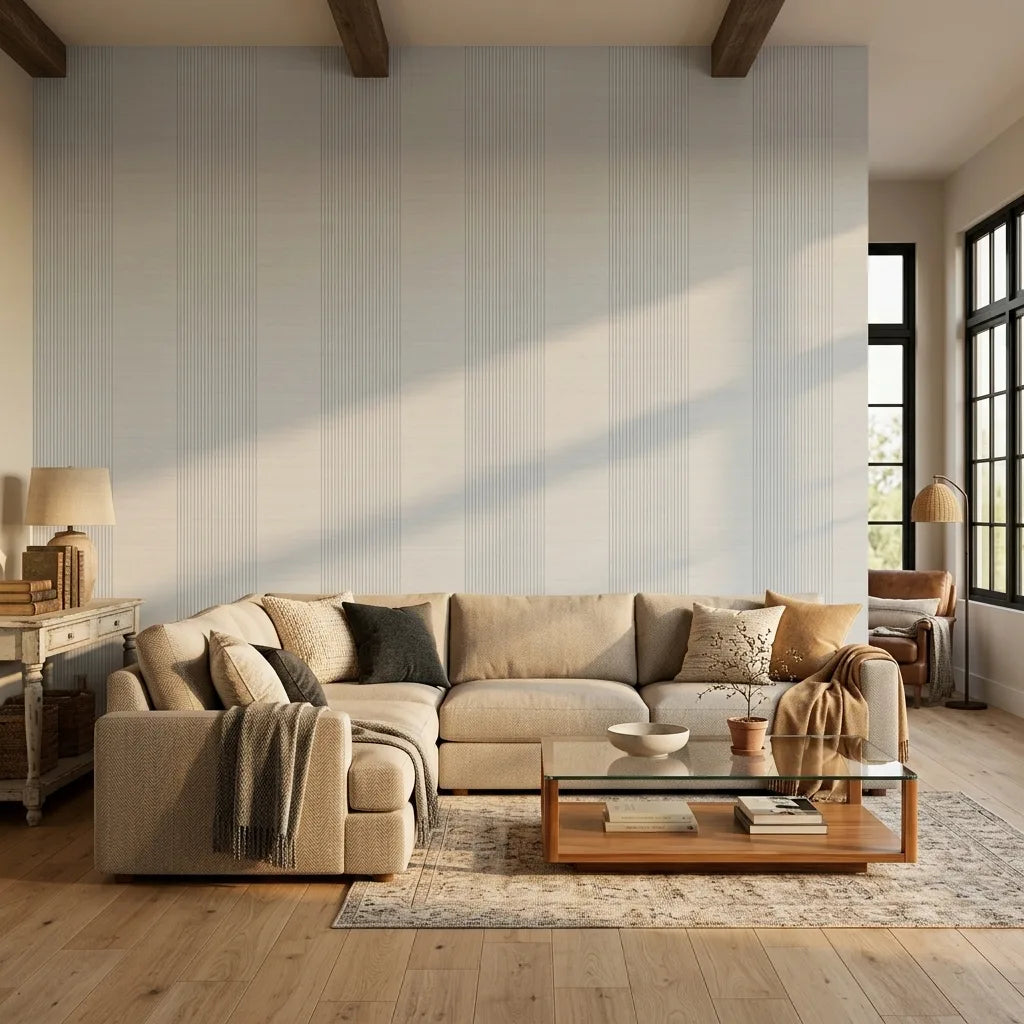 Living Room - Stylish living room features Light Grey Archer Stripe wallpaper from York Wallcoverings for a modern look.