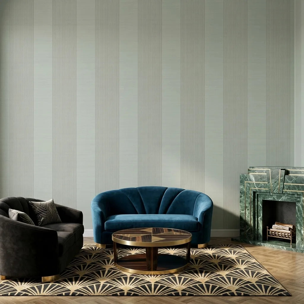Living Room - Elegant living room with Archer Stripe wallpaper in Sage Green by York Wallcoverings, creating a serene and stylish space.