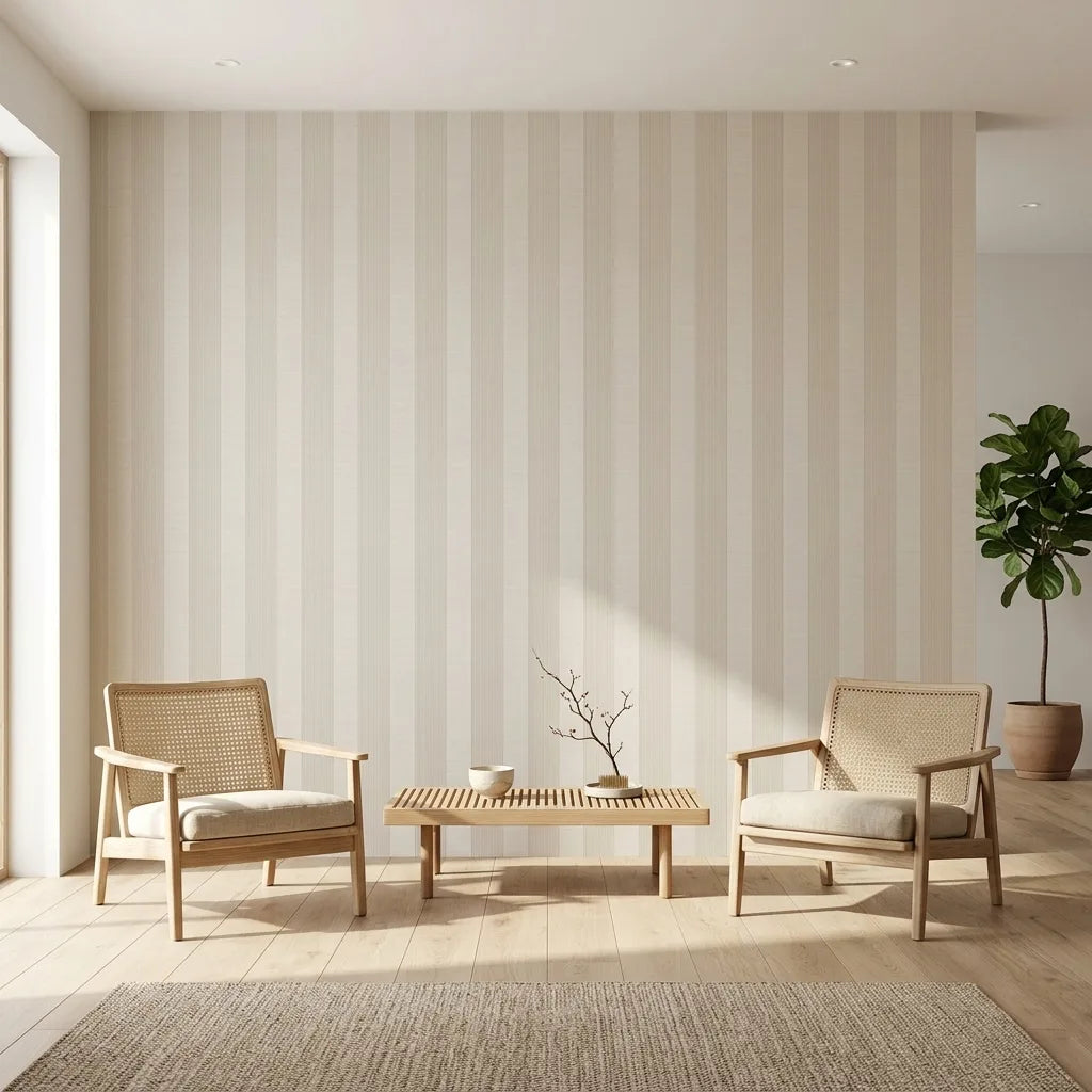 Living Room - Archer Stripe wallpaper in Ivory and Greige by York Wallcoverings creates a chic and inviting space.